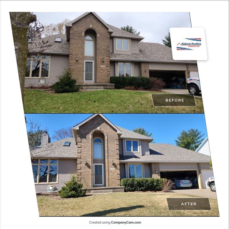 Before-and-after roof comparison on a two-story home with a brick chimney.