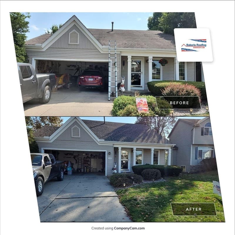 Before-and-after roof comparison on a light-sided home with an attached garage.