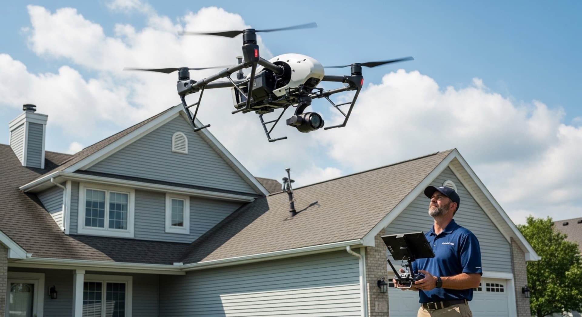 Bakeris Roofing technician inspecting a residential roof in Des Moines, Iowa