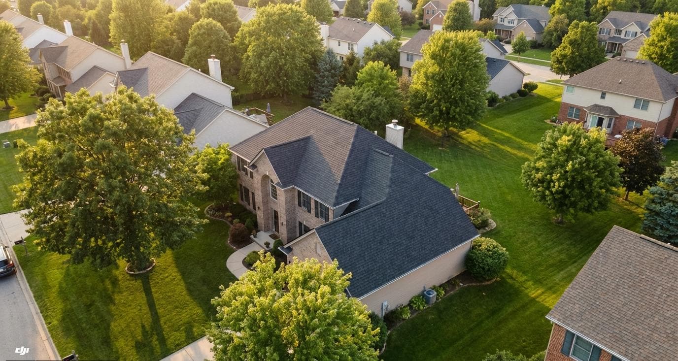 Aerial view of completed Bakeris Roofing installation in Des Moines